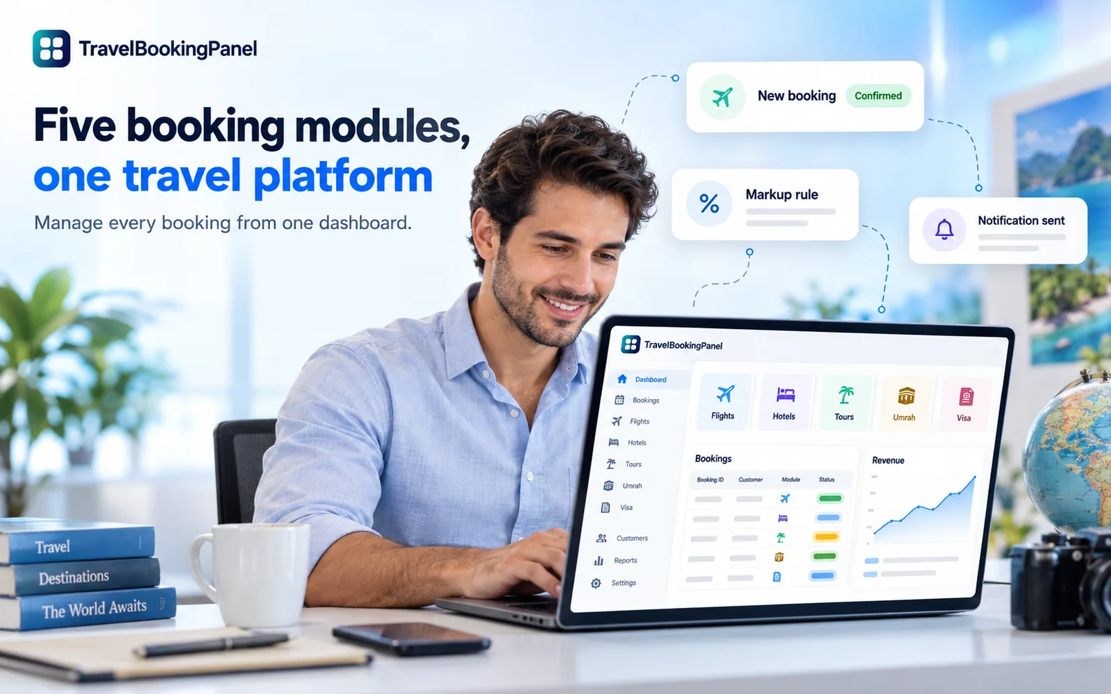 TravelBookingPanel admin dashboard showing flights, hotels, tours, Umrah and visa modules